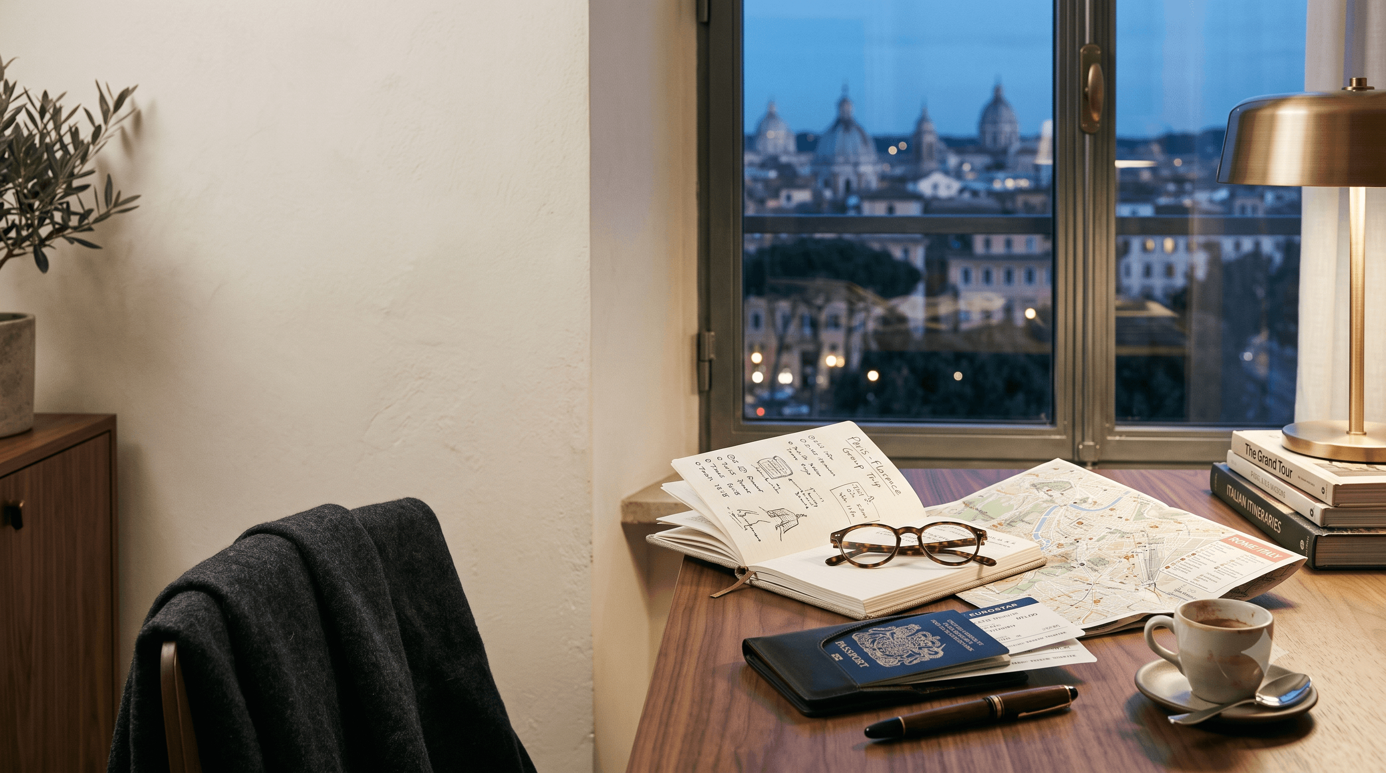 A desk by a window at dusk overlooking the rooftops and domes of Rome, with an open travel notebook, a map of Rome, a passport, and a cup of coffee